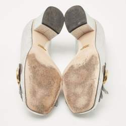 Pre Owned Gucci Metallic Silver Foil Leather GG Marmont Fringe Detail Block Heel Pumps Size 37.5