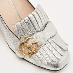Pre Owned Gucci Metallic Silver Foil Leather GG Marmont Fringe Detail Block Heel Pumps Size 37.5