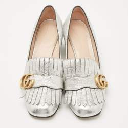Pre Owned Gucci Metallic Silver Foil Leather GG Marmont Fringe Detail Block Heel Pumps Size 37.5