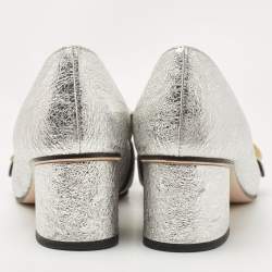 Pre Owned Gucci Metallic Silver Foil Leather GG Marmont Fringe Detail Block Heel Pumps Size 37.5