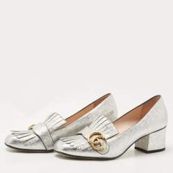 Pre Owned Gucci Metallic Silver Foil Leather GG Marmont Fringe Detail Block Heel Pumps Size 37.5