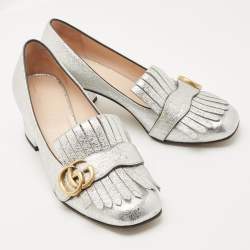 Pre Owned Gucci Metallic Silver Foil Leather GG Marmont Fringe Detail Block Heel Pumps Size 37.5