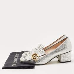 Pre Owned Gucci Metallic Silver Foil Leather GG Marmont Fringe Detail Block Heel Pumps Size 37.5
