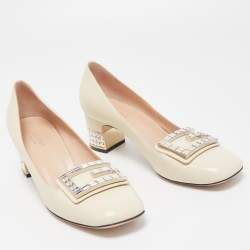 Gucci Cream Leather Crystal G Mid Heel Pumps Size 37.5