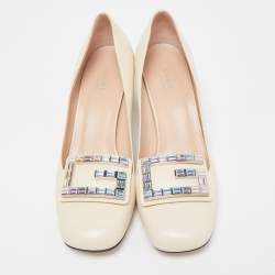 Gucci Cream Leather Crystal G Mid Heel Pumps Size 37.5