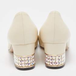 Gucci Cream Leather Crystal G Mid Heel Pumps Size 37.5