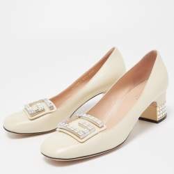 Gucci Cream Leather Crystal G Mid Heel Pumps Size 37.5