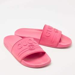 Gucci Pink Rubber Interlocking G Logo Slide Flats Size 37