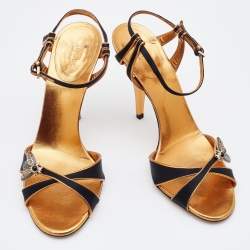 Pre Owned Gucci Black/Gold Satin and Leather Embellished Ankle Strap Sandals Size 40
