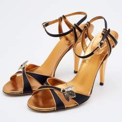 Pre Owned Gucci Black/Gold Satin and Leather Embellished Ankle Strap Sandals Size 40