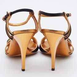 Pre Owned Gucci Black/Gold Satin and Leather Embellished Ankle Strap Sandals Size 40