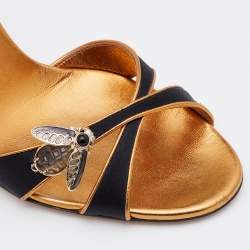 Pre Owned Gucci Black/Gold Satin and Leather Embellished Ankle Strap Sandals Size 40