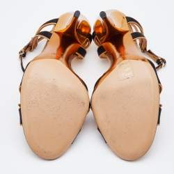 Pre Owned Gucci Black/Gold Satin and Leather Embellished Ankle Strap Sandals Size 40