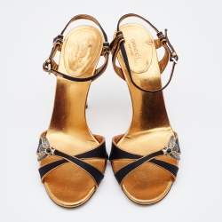 Pre Owned Gucci Black/Gold Satin and Leather Embellished Ankle Strap Sandals Size 40