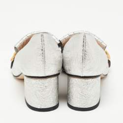 Gucci Silver Texture Leather GG Marmont Fringe Loafer Pumps Size 36