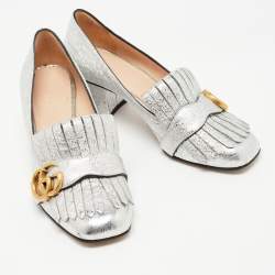 Gucci Silver Texture Leather GG Marmont Fringe Loafer Pumps Size 36