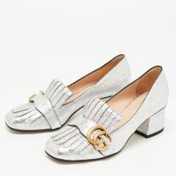 Gucci Silver Texture Leather GG Marmont Fringe Loafer Pumps Size 36