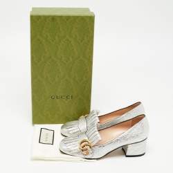 Gucci Silver Texture Leather GG Marmont Fringe Loafer Pumps Size 36