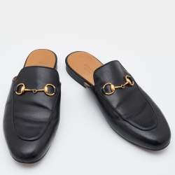 Pre Owned Gucci Black Leather Princetown Flat Mules Size 38.5 