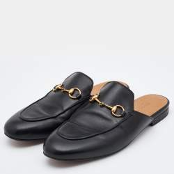 Pre Owned Gucci Black Leather Princetown Flat Mules Size 38.5 