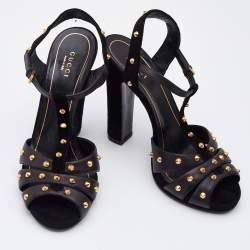Pre Owned Gucci Black Suede and Leather Studded Ankle Strap Sandals Size 38