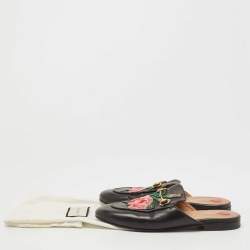 Gucci Black Leather Floral Embroidered Princetown Flat Mules Size 38