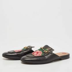 Gucci Black Leather Floral Embroidered Princetown Flat Mules Size 38