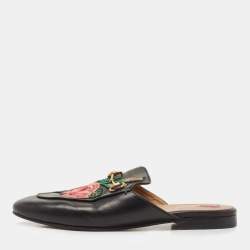 Gucci Black Leather Floral Embroidered Princetown Flat Mules Size 38