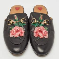 Gucci Black Leather Floral Embroidered Princetown Flat Mules Size 38