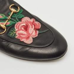 Gucci Black Leather Floral Embroidered Princetown Flat Mules Size 38