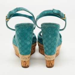 Gucci Aqua Blue Micro Guccissima Leather and Cork Wedge Sandals Size 39.5