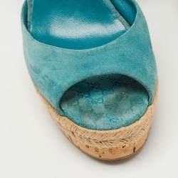Gucci Aqua Blue Micro Guccissima Leather and Cork Wedge Sandals Size 39.5