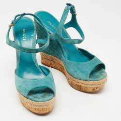 Gucci Aqua Blue Micro Guccissima Leather and Cork Wedge Sandals Size 39.5
