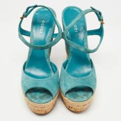 Gucci Aqua Blue Micro Guccissima Leather and Cork Wedge Sandals Size 39.5