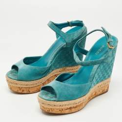 Gucci Aqua Blue Micro Guccissima Leather and Cork Wedge Sandals Size 39.5
