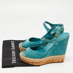 Gucci Aqua Blue Micro Guccissima Leather and Cork Wedge Sandals Size 39.5