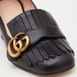 Pre Owned Gucci Black Leather Marmont GG Fringe Detail Block Heel Pumps Size 37