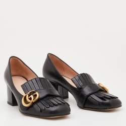 Pre Owned Gucci Black Leather Marmont GG Fringe Detail Block Heel Pumps Size 37