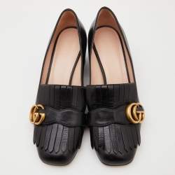 Pre Owned Gucci Black Leather Marmont GG Fringe Detail Block Heel Pumps Size 37