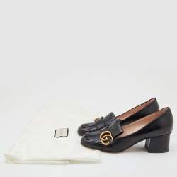 Pre Owned Gucci Black Leather Marmont GG Fringe Detail Block Heel Pumps Size 37