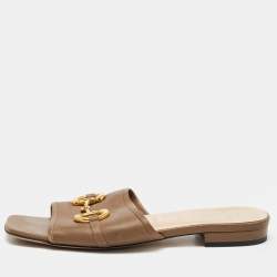 Pre Owned Gucci Brown Leather Horsebit  Flat Slides Size 38.5