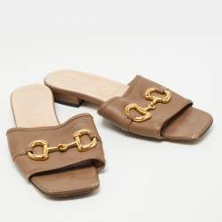 Pre Owned Gucci Brown Leather Horsebit  Flat Slides Size 38.5