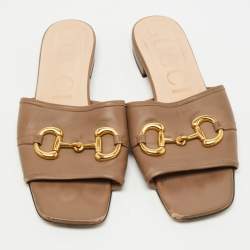 Pre Owned Gucci Brown Leather Horsebit  Flat Slides Size 38.5