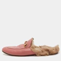 Gucci Pink Leather and Fur Princetown Mules Size 39