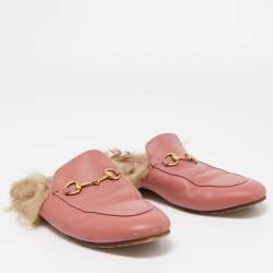 Gucci Pink Leather and Fur Princetown Mules Size 39