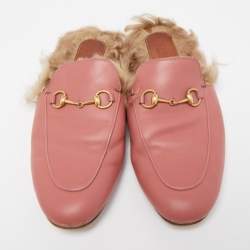 Gucci Pink Leather and Fur Princetown Mules Size 39