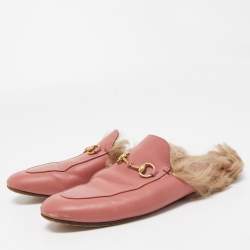 Gucci Pink Leather and Fur Princetown Mules Size 39