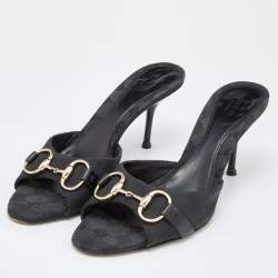 Gucci Black GG Canvas and Leather Horsebit Slide Sandals Size 40.5