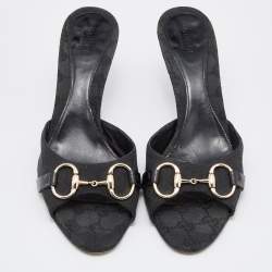 Gucci Black GG Canvas and Leather Horsebit Slide Sandals Size 40.5