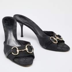 Gucci Black GG Canvas and Leather Horsebit Slide Sandals Size 40.5